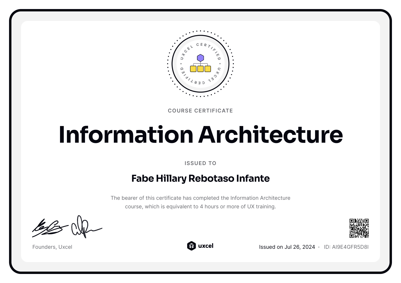 Fabe Hillary Rebotaso Infante's certificate